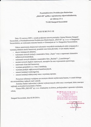 Dokument z referencją od Gimnazjum nr 4.
